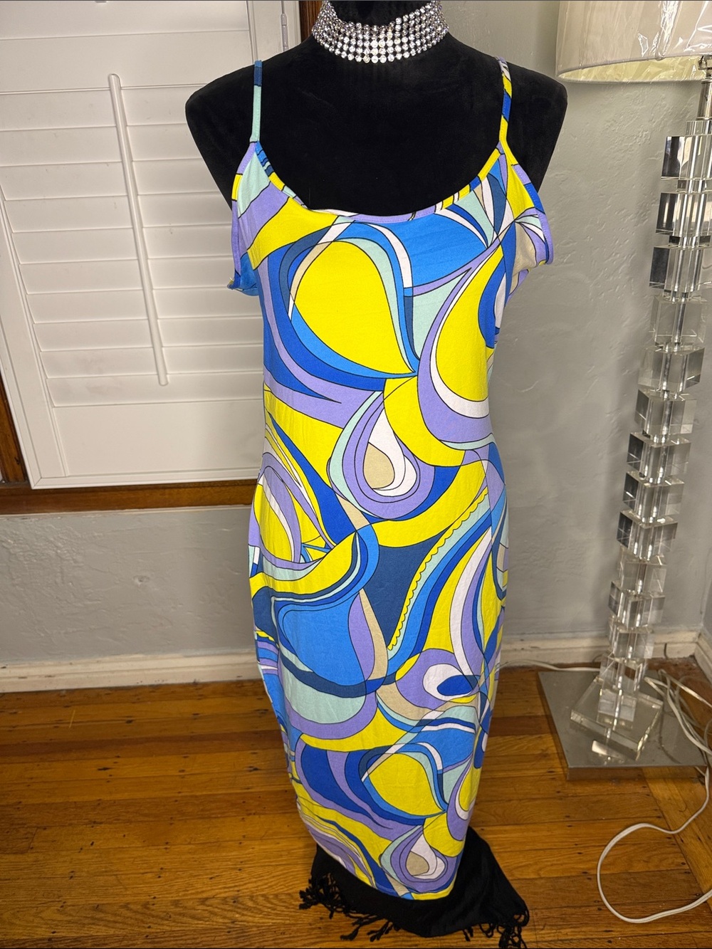 Colorful Abstract Print Slip Dress - Blue & Yellow
